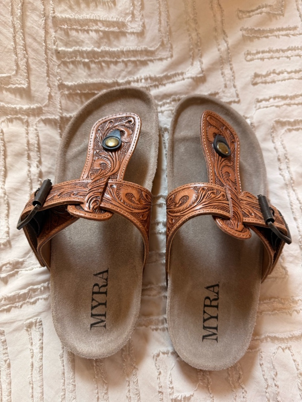 MYRA Embossed Brown Leather Slide Sandals